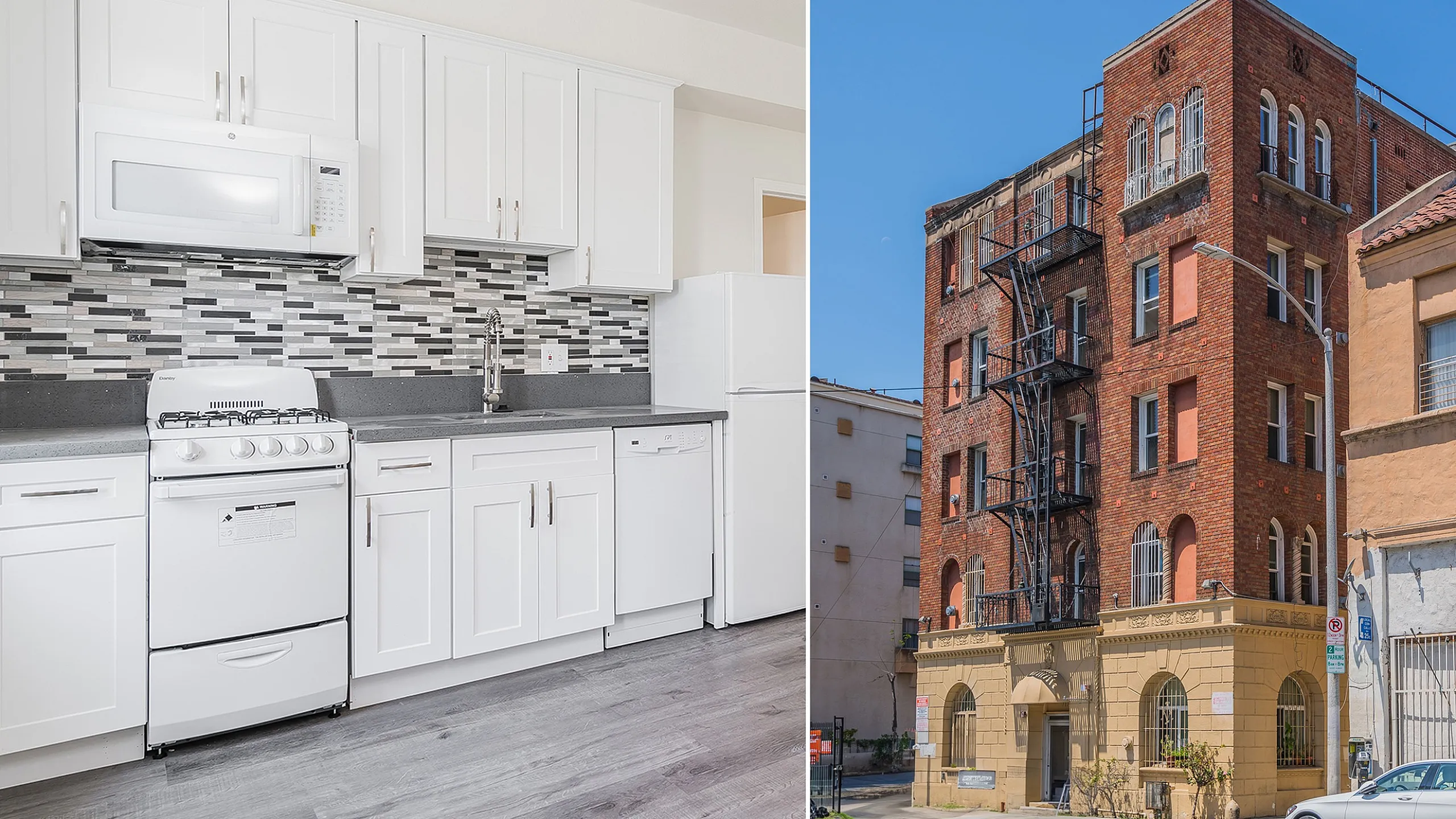 Chic urban kitchen with modern white cabinetry and stylish backsplash in a charming brick apartment building.