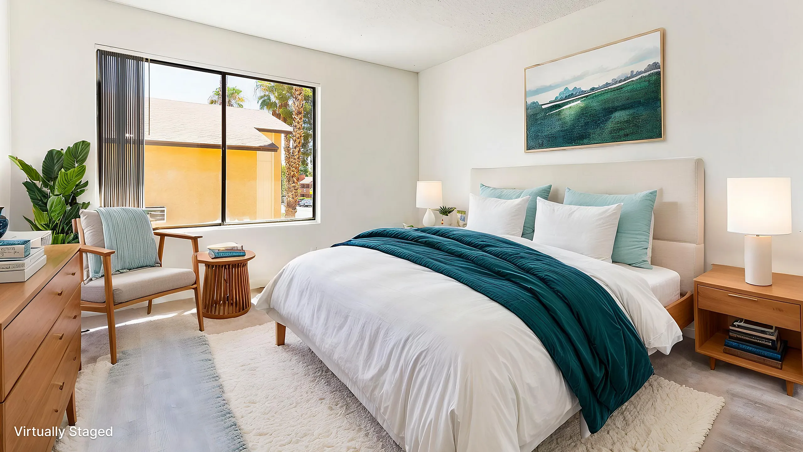 Bright, virtually staged bedroom featuring a cozy bed with teal accents, modern furniture, lush greenery, and ample natural light from a large window.