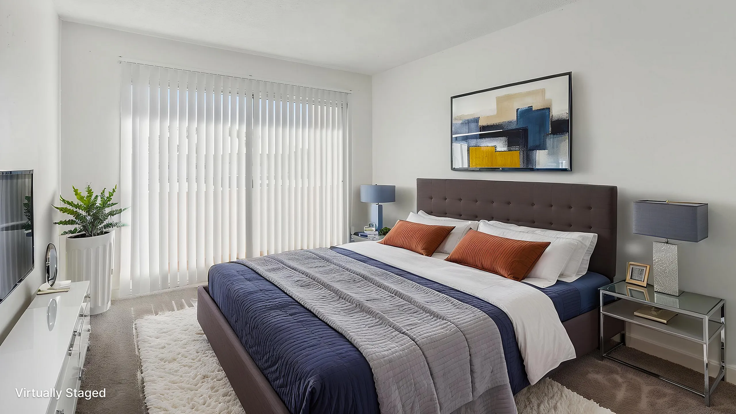 Bright and modern bedroom with a cozy bed, stylish decor, and abundant natural light streaming through large windows.