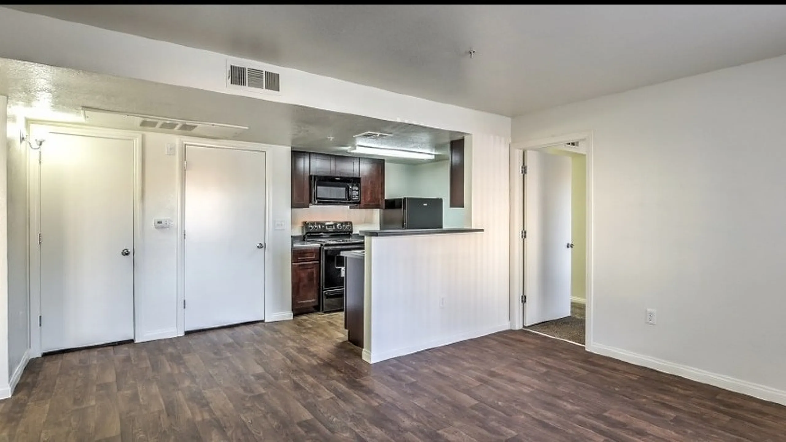 Bright open-concept apartment with modern kitchen, elegant wood flooring, and inviting living space.