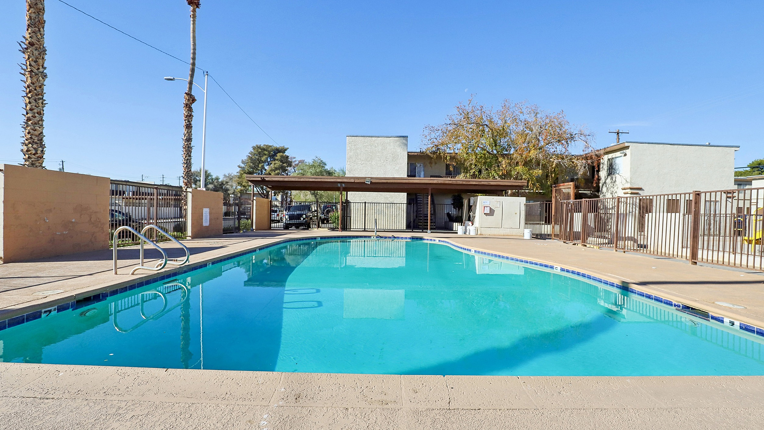 Inviting outdoor pool area with clear blue water, surrounded by sunlit palm trees and a modern courtyard.