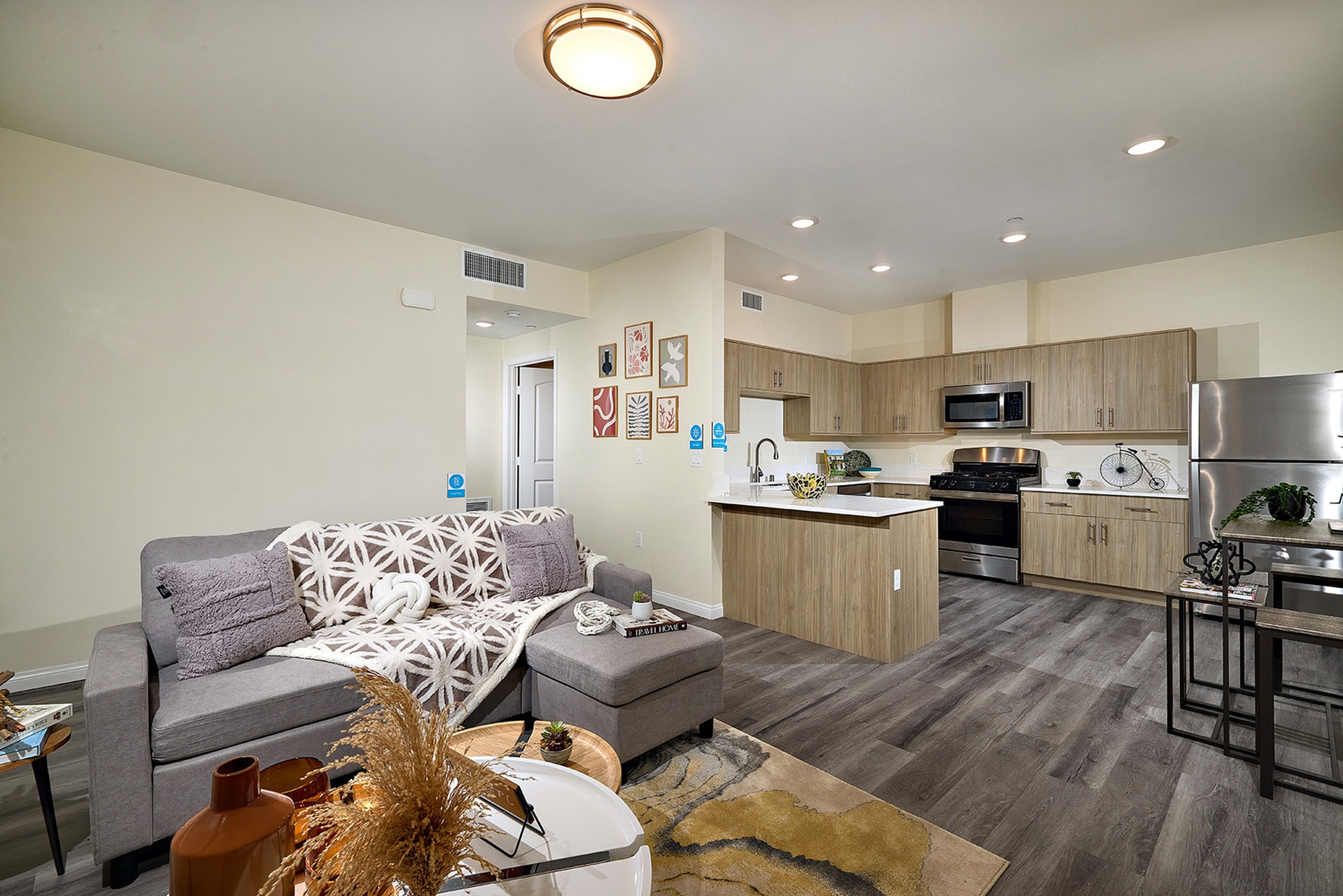 living space with connected kitchen