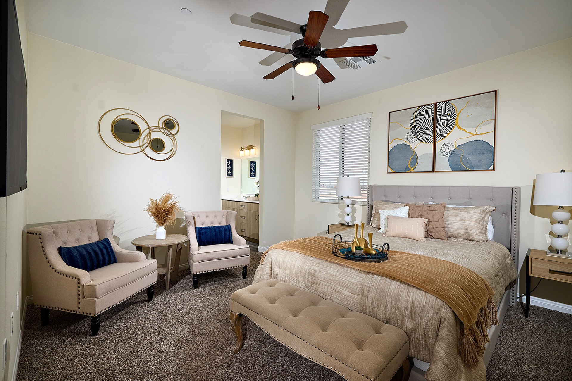 large bedroom with seating area