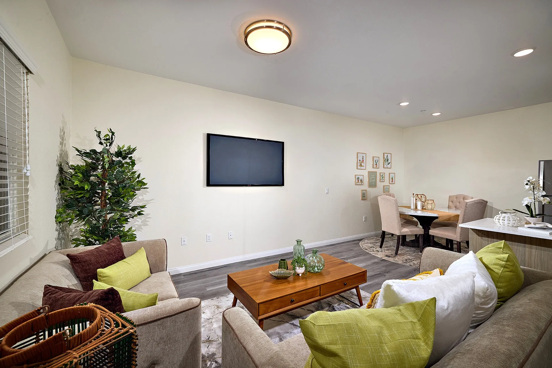 living space with connected kitchen