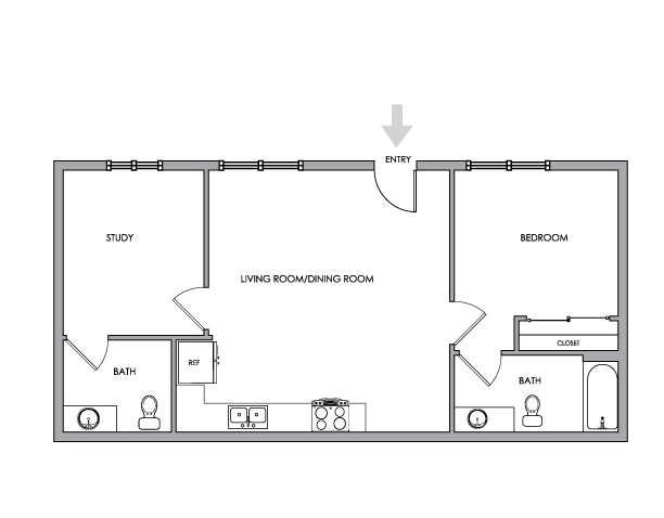 2D Floor Plan Rendering - Two-Bedroom, Two-Bathroom | Option 1