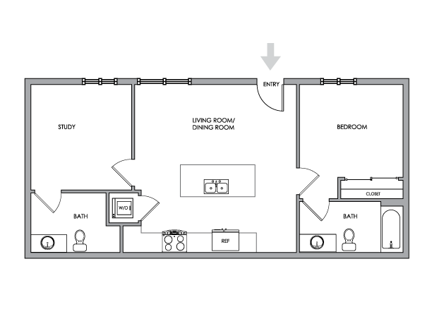 2D Floor Plan Rendering - Two-Bedroom, Two-Bathroom | Option 4