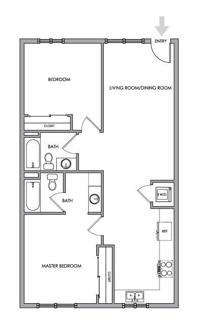 2D Floor Plan Rendering - Two-Bedroom, Two-Bathroom | Option 10