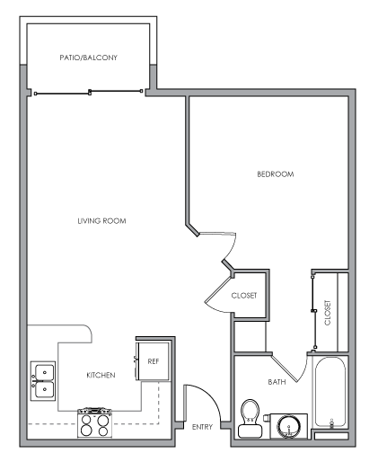 2D One-bedroom, one-bathroom floor plan