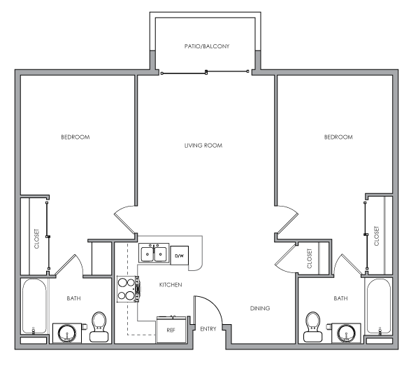 2D two-bedroom, two-bathroom floor plan