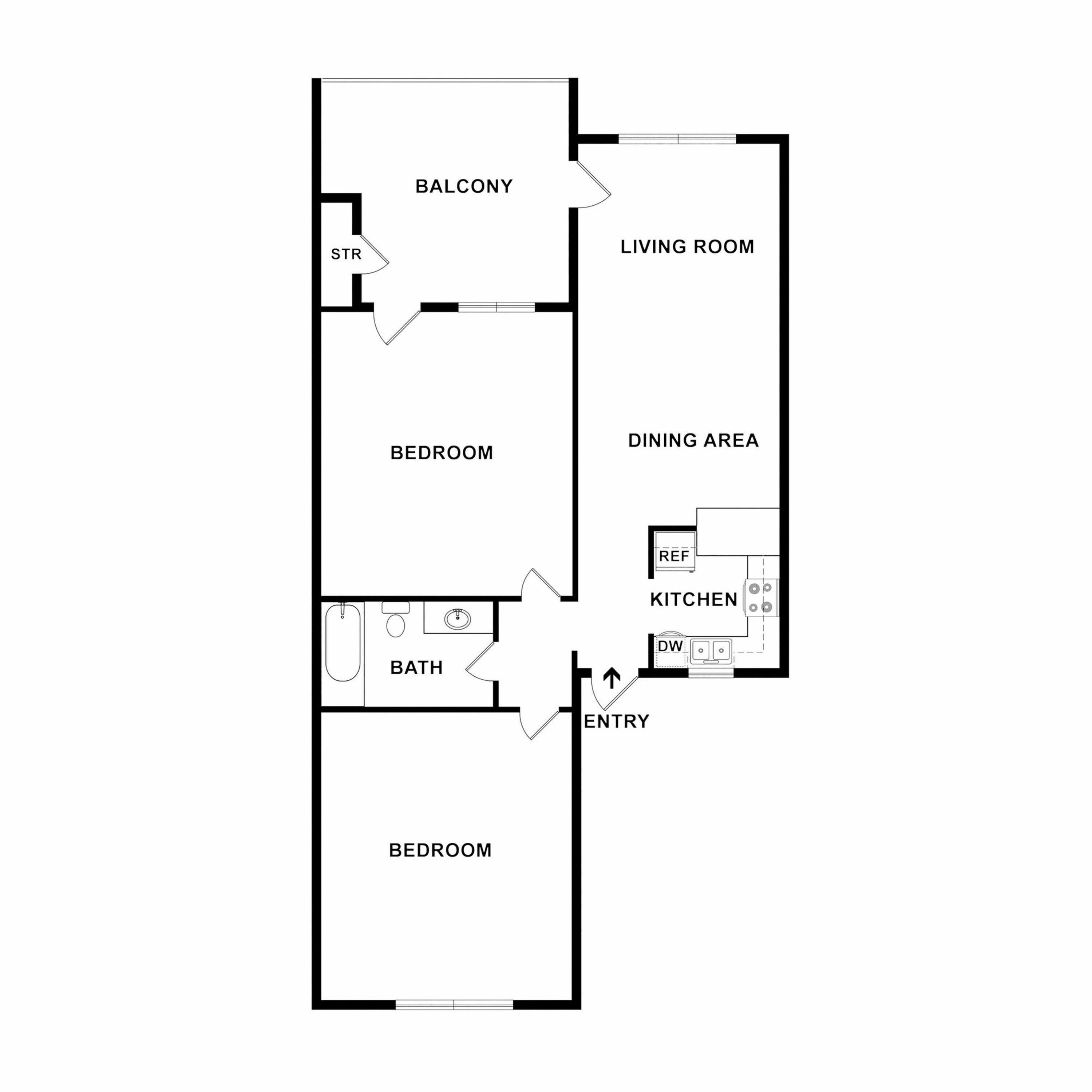 Two-Bedroom, One-Bathroom - 2D Plan