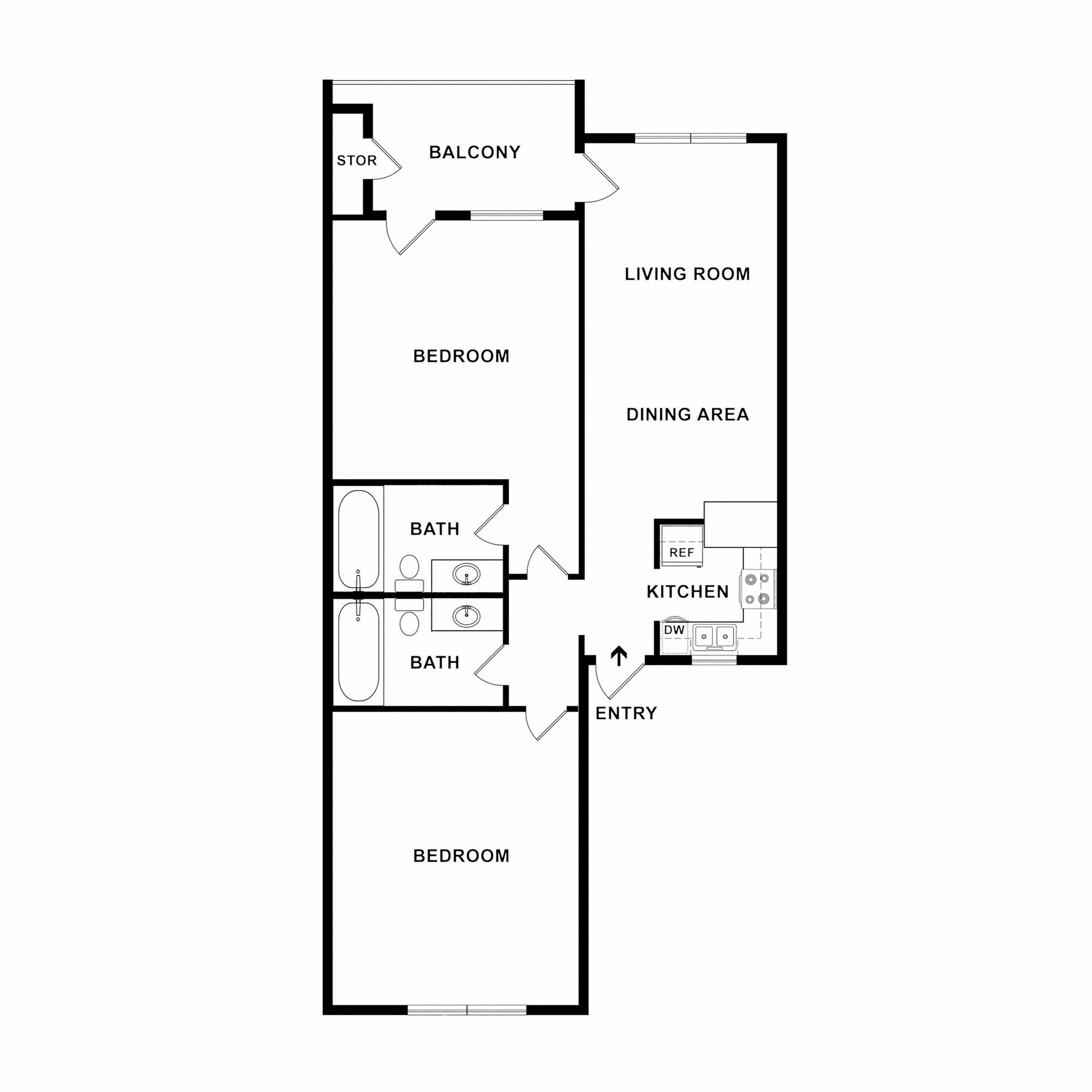 Two-Bedroom, Two-Bathroom - 2D Floor Plan