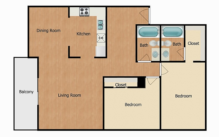Two Bed Two Bath Floor Plan 1E, 1F