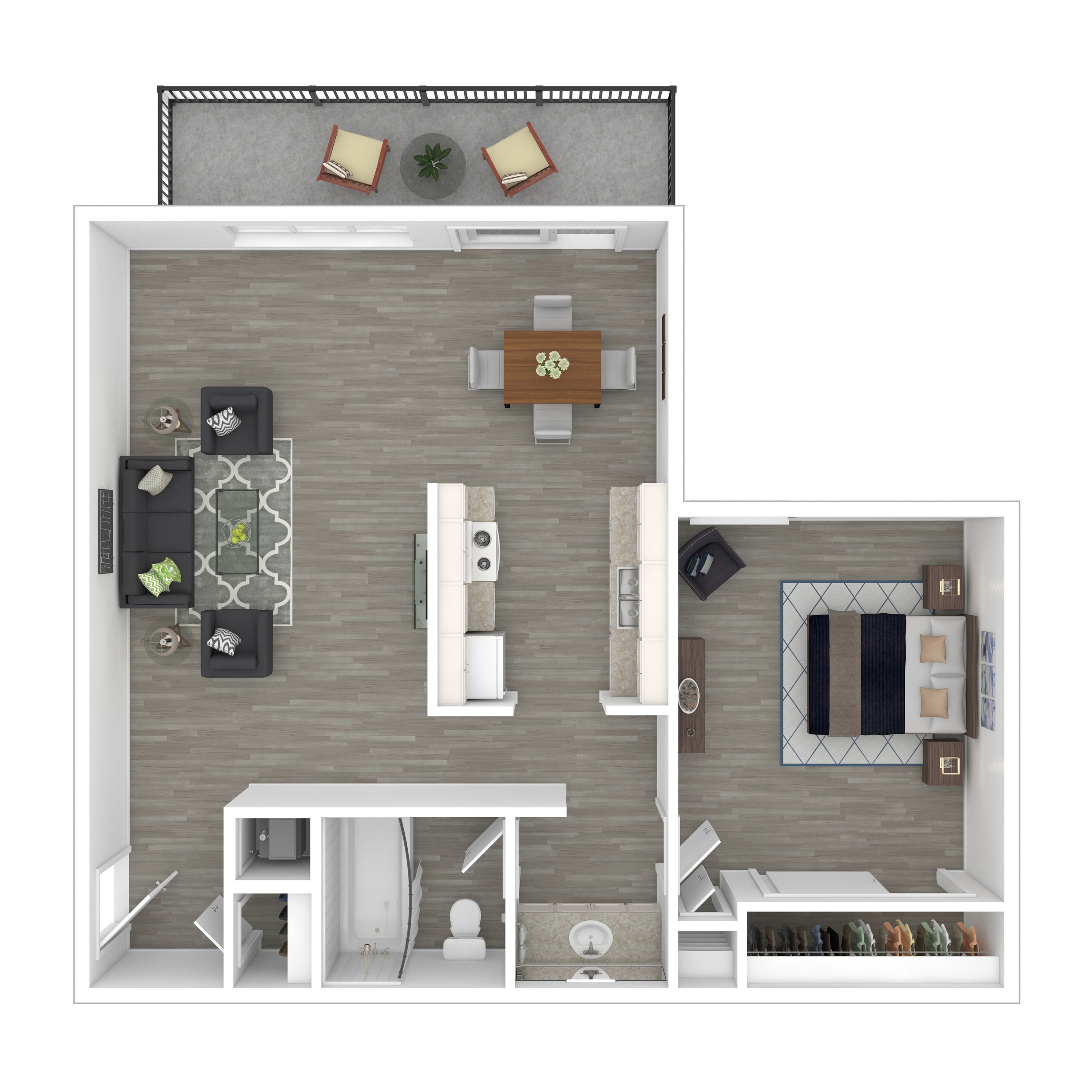One-Bedroom, One-Bathroom - 3D Furnished Floor Plan