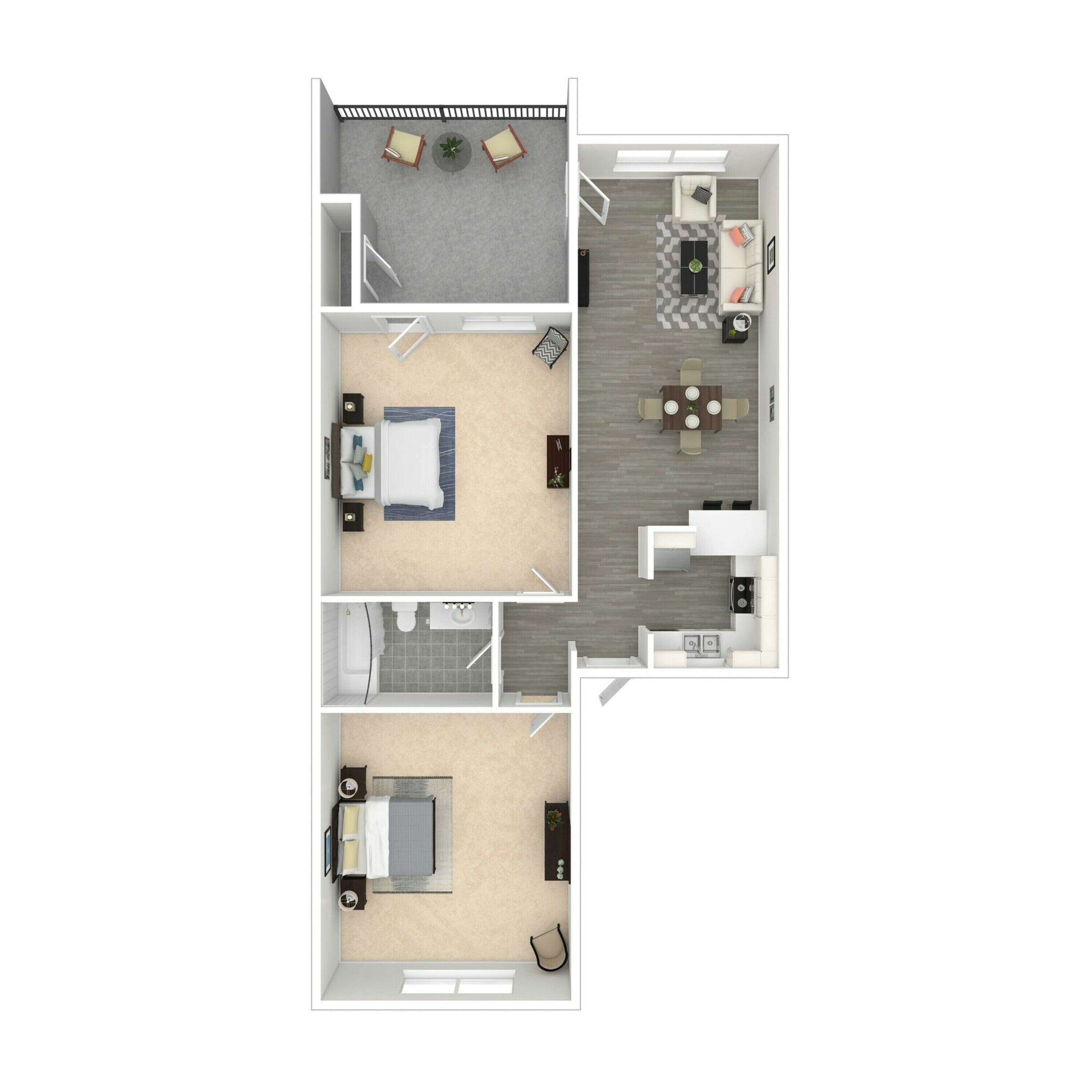 Two-Bedroom, One-Bathroom - 3D Furnished Plan