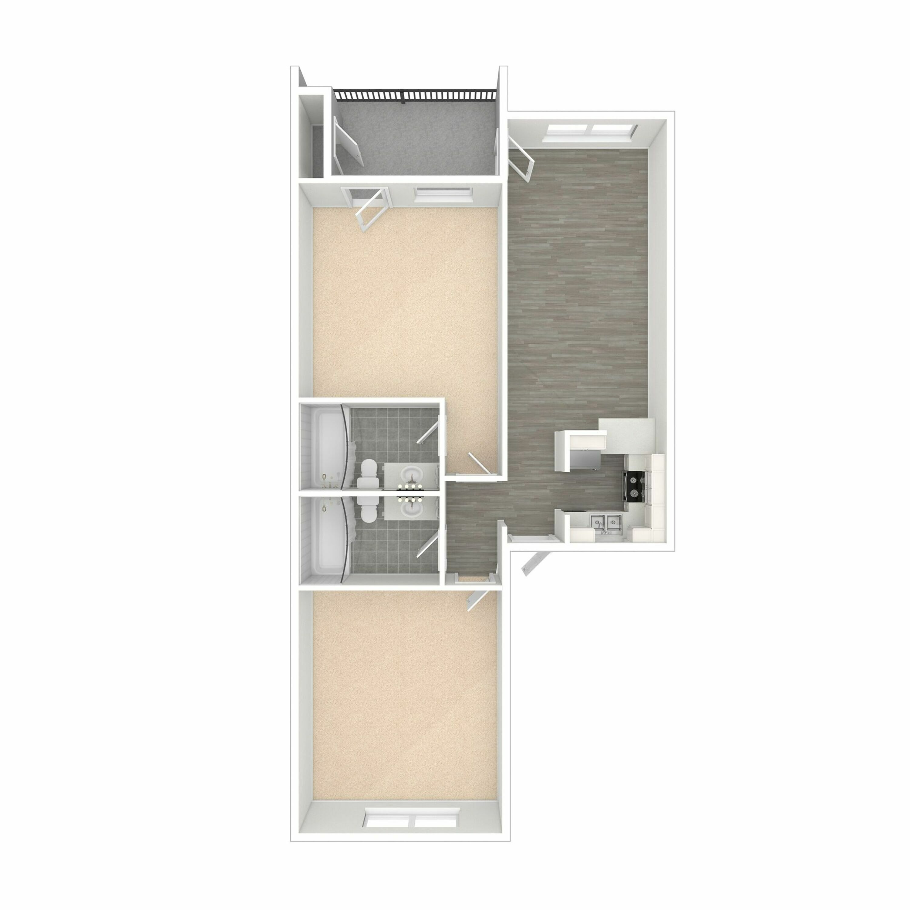 Two-Bedroom, Two-Bathroom - 3D Unfurnished Floor Plan