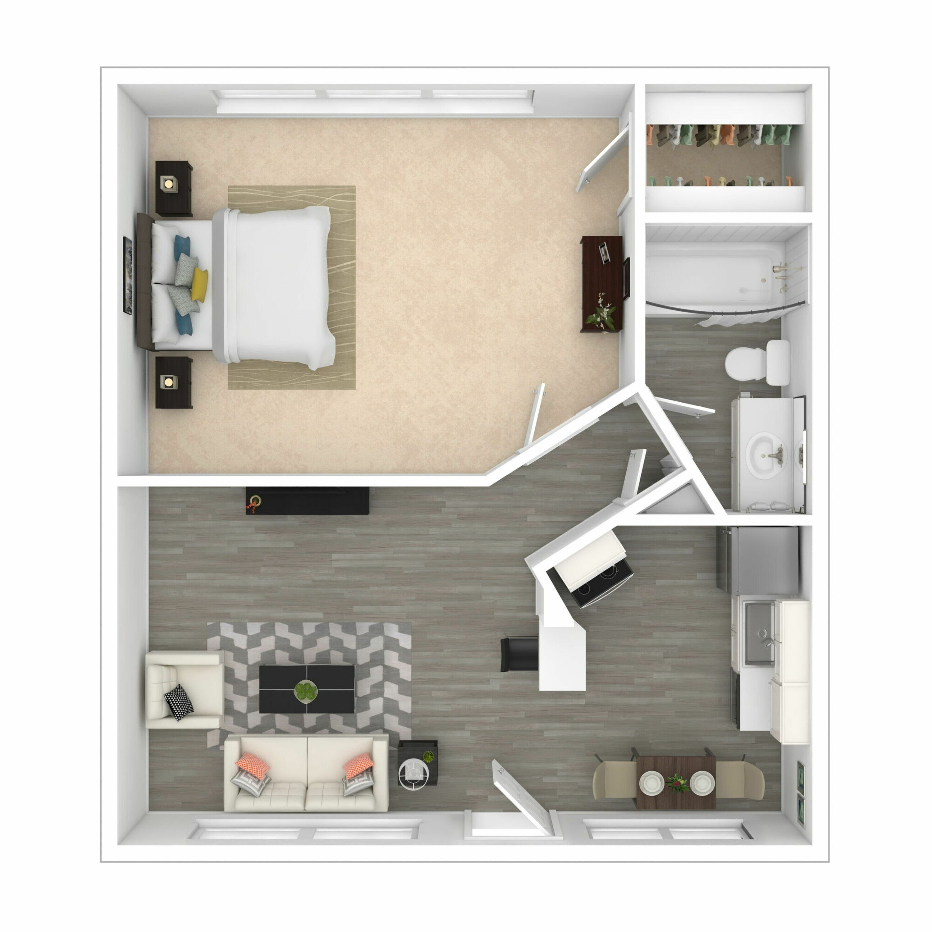 3D Furnished One-Bedroom Floor Plan