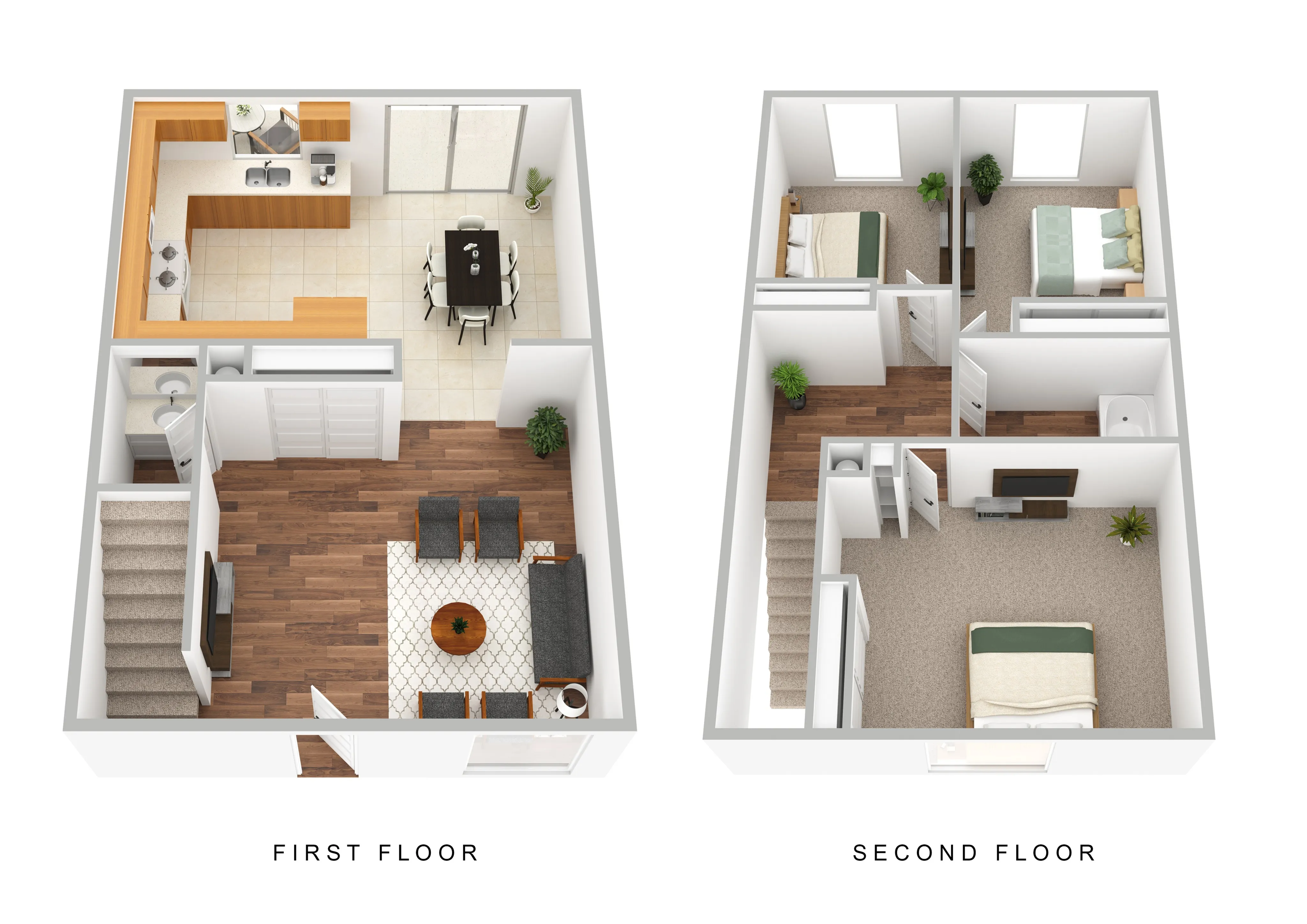 3D Furnished three-bedroom, one-and-one-half-bathroom floor plan rendering