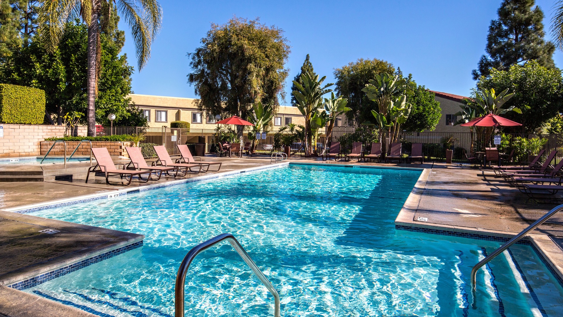 Town & Country pool and spa area with lush greenery and lounge chairs