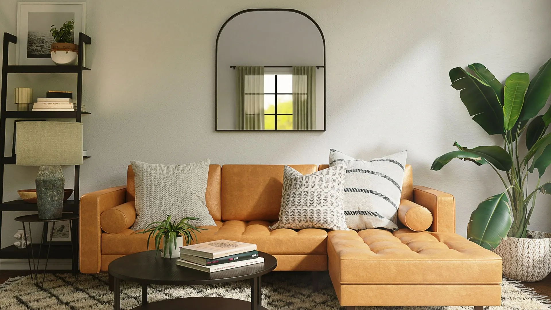 stock image of couch and decor including plants and coffee table