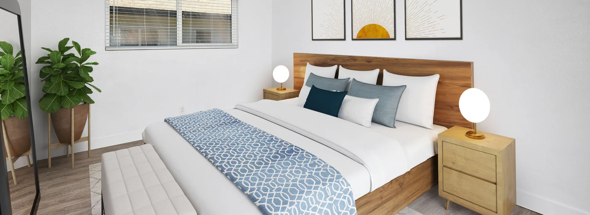 Virtually staged bedroom with large window and wood-inspired flooring