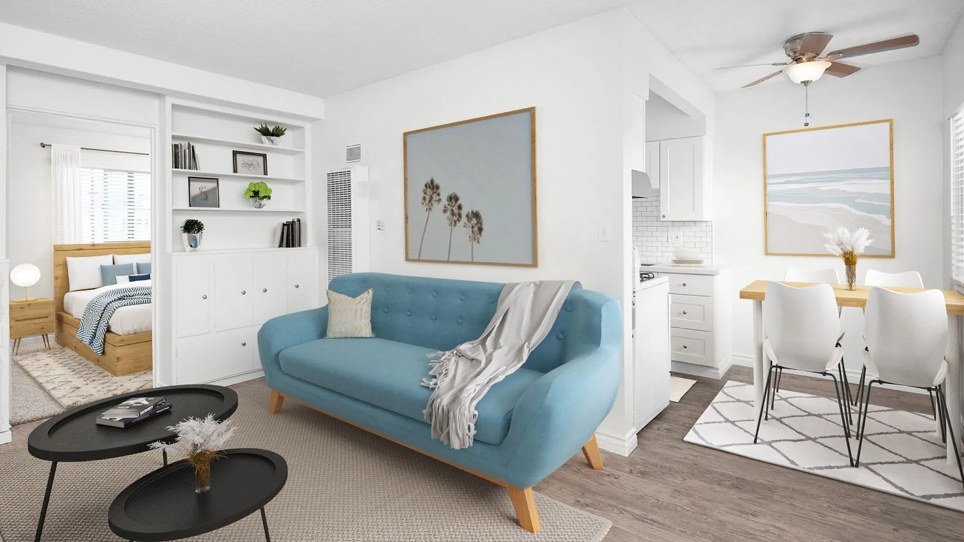 Virtually staged living room, dining area and kitchen with wood-style flooring and ceiling fan