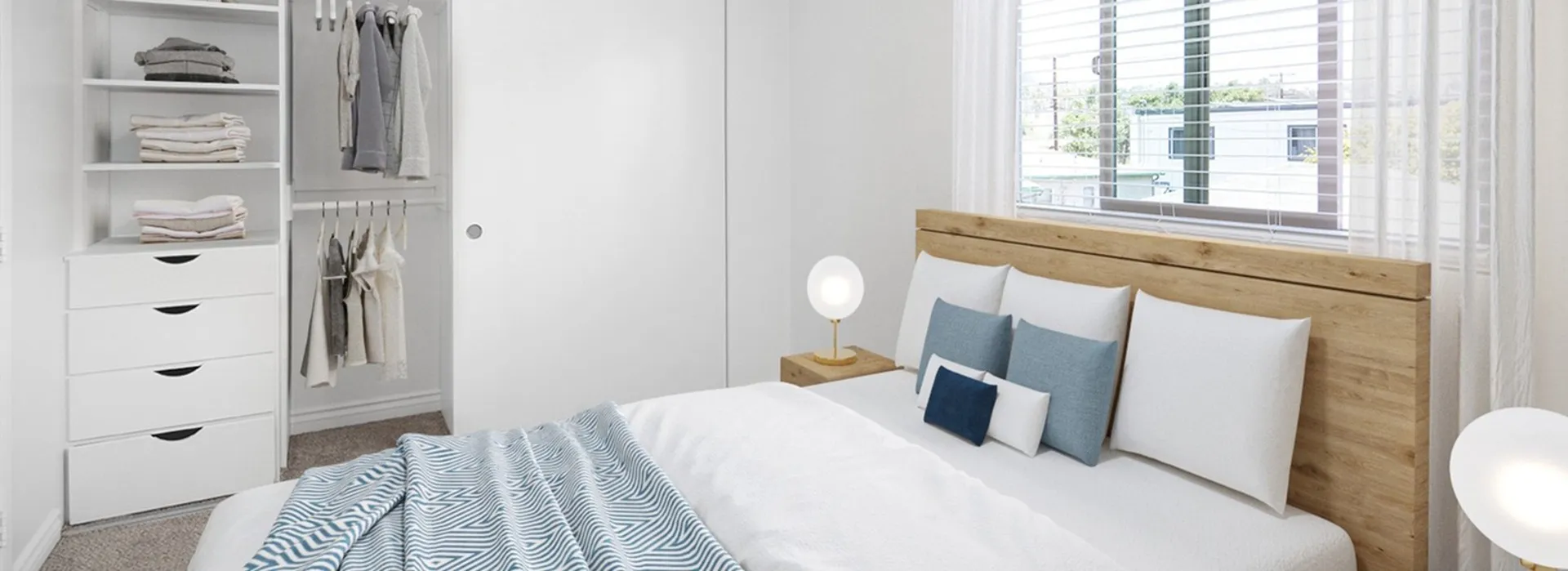 Virtually staged bedroom with built in closet storage