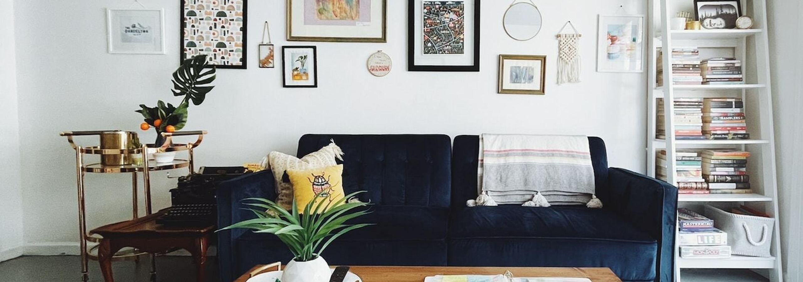 dark blue suede sofa with book shelves to the side and coffee table in front