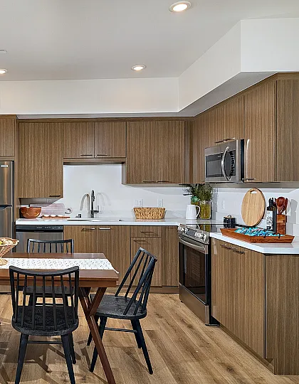 STAGED OPEN KITCHEN AND LIVING ROOM WITH FAUX WOOD LIKE FLOORING