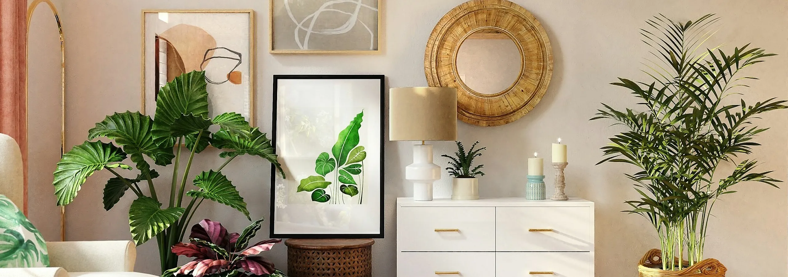 drawer unit with candles and lamp along with decorative art on the wall and plants on the sides