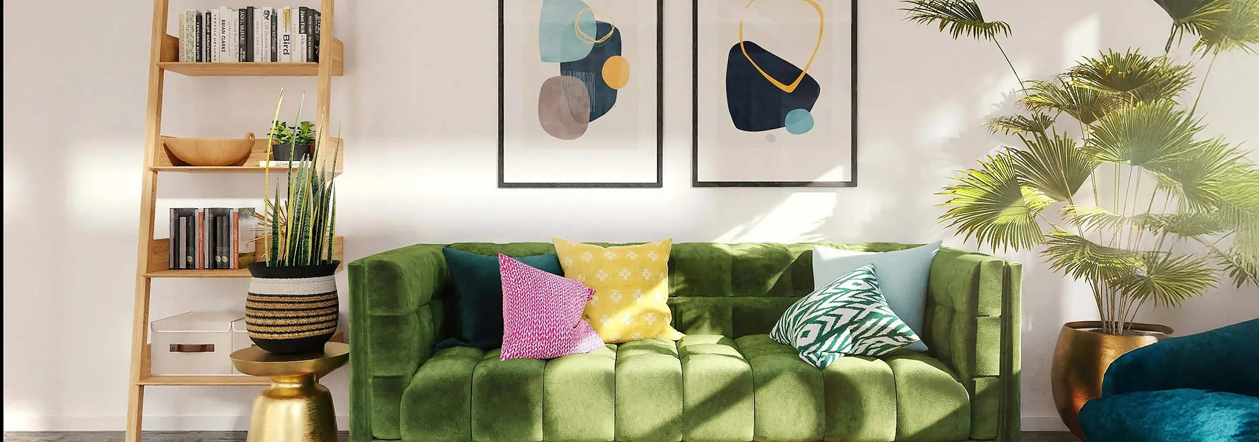 green sofa with colorful accent pillows and planters at the sides