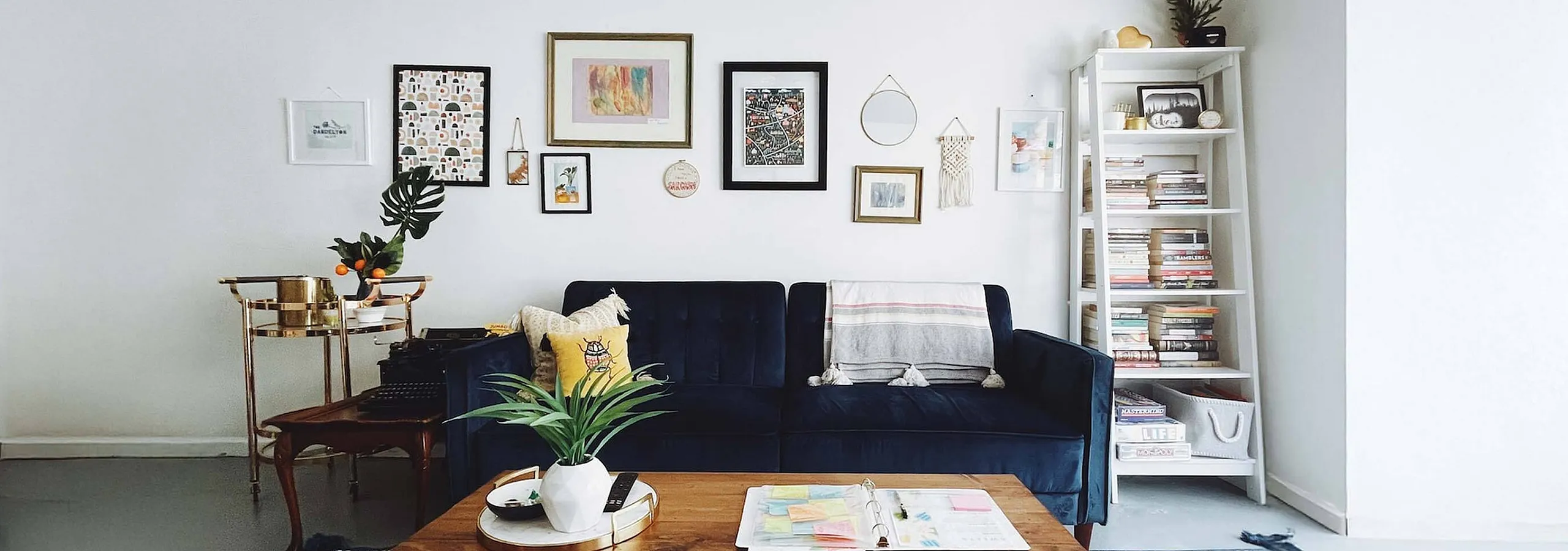 blue suede sofa with accent pillows and artwork in the wall and book shelf on the side