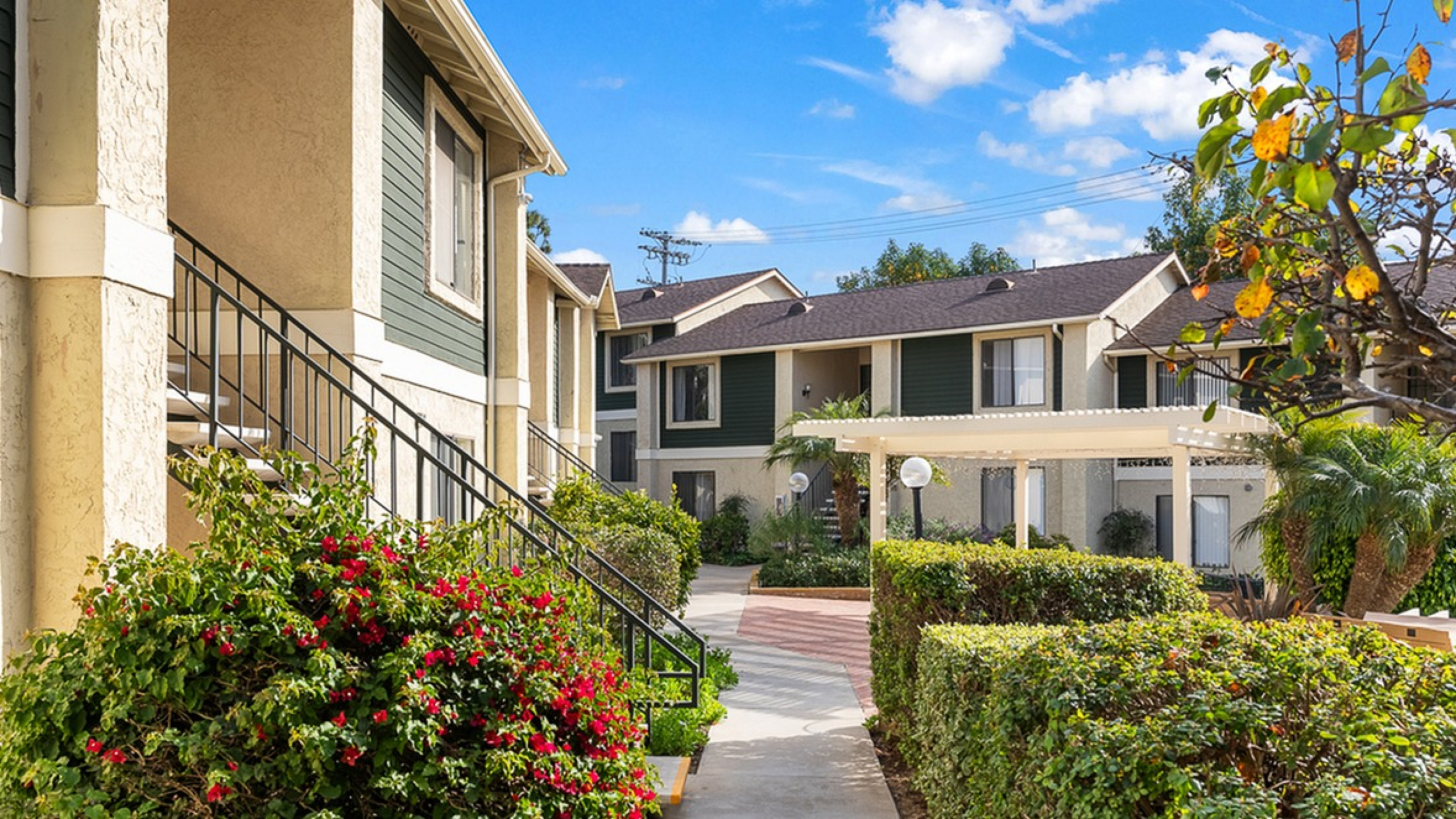 A ground-level view of a peaceful community walkway lined with manicured hedges and flowering bushes leading toward apartment entrances.