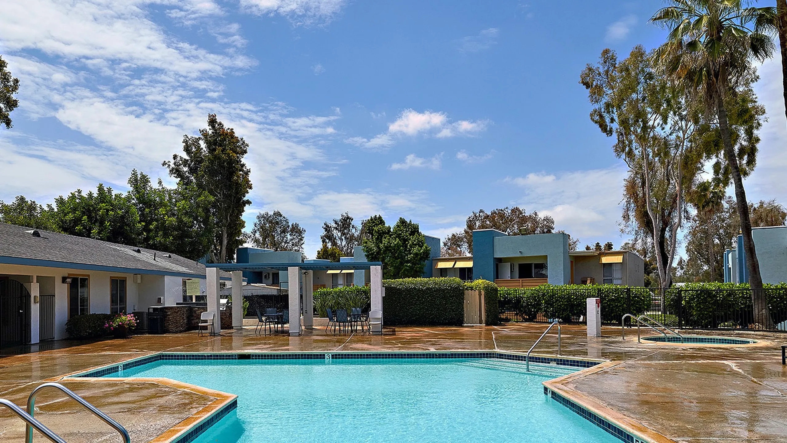 community pool and lounge area with spa