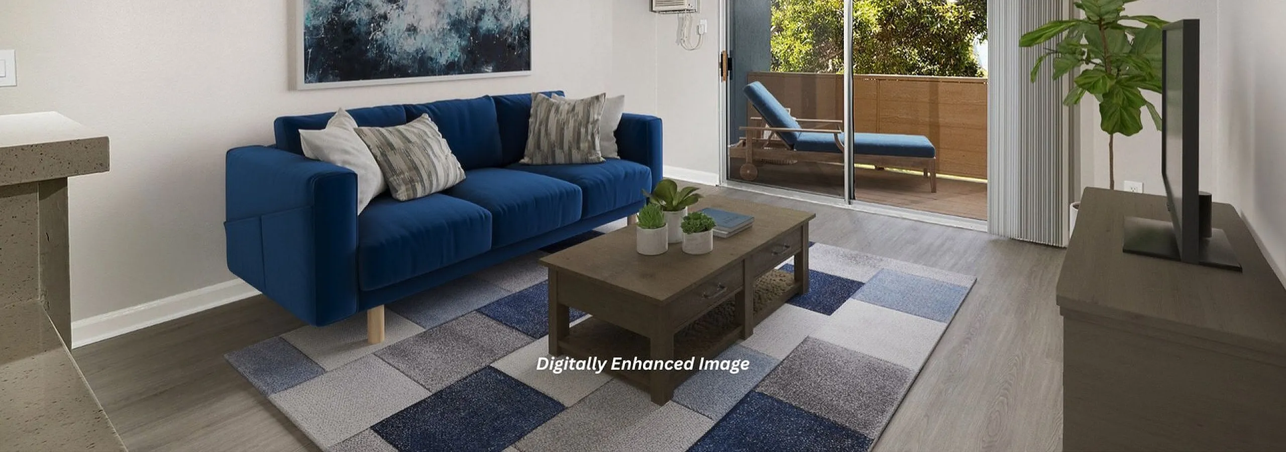 Virtually staged living room with sofa, rug, coffee table, tv, patio, and plants.