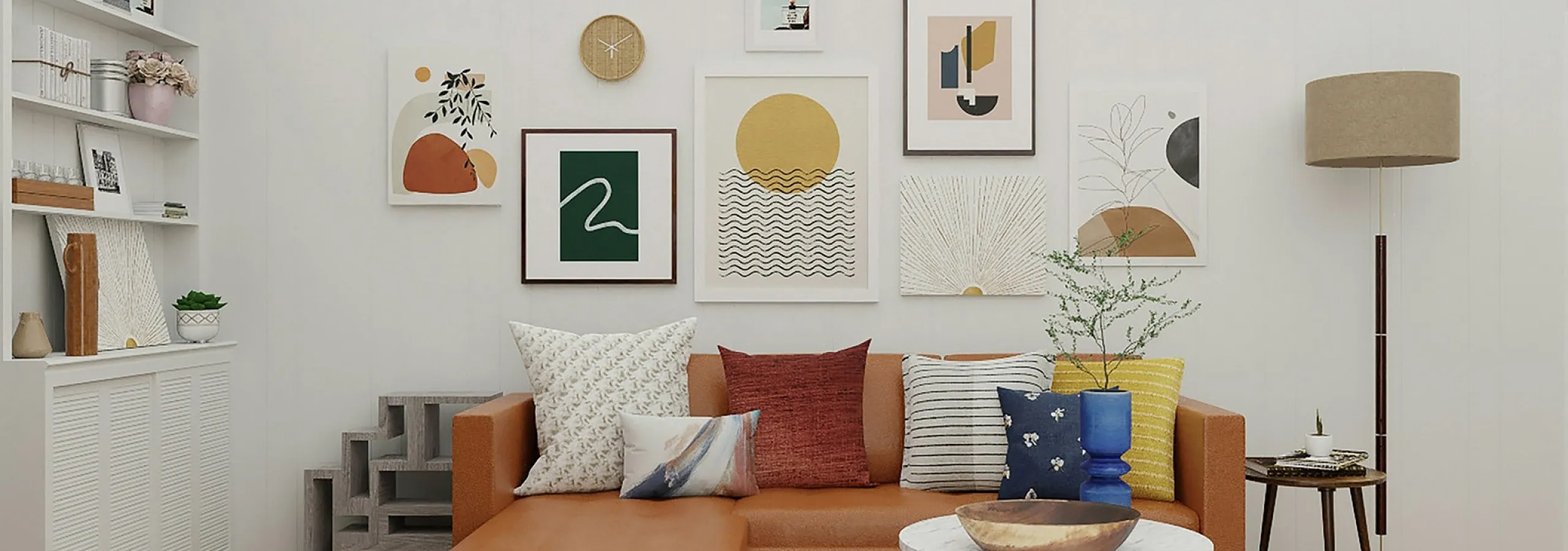 brown leather sofa with accent pillows and gallery wall behind