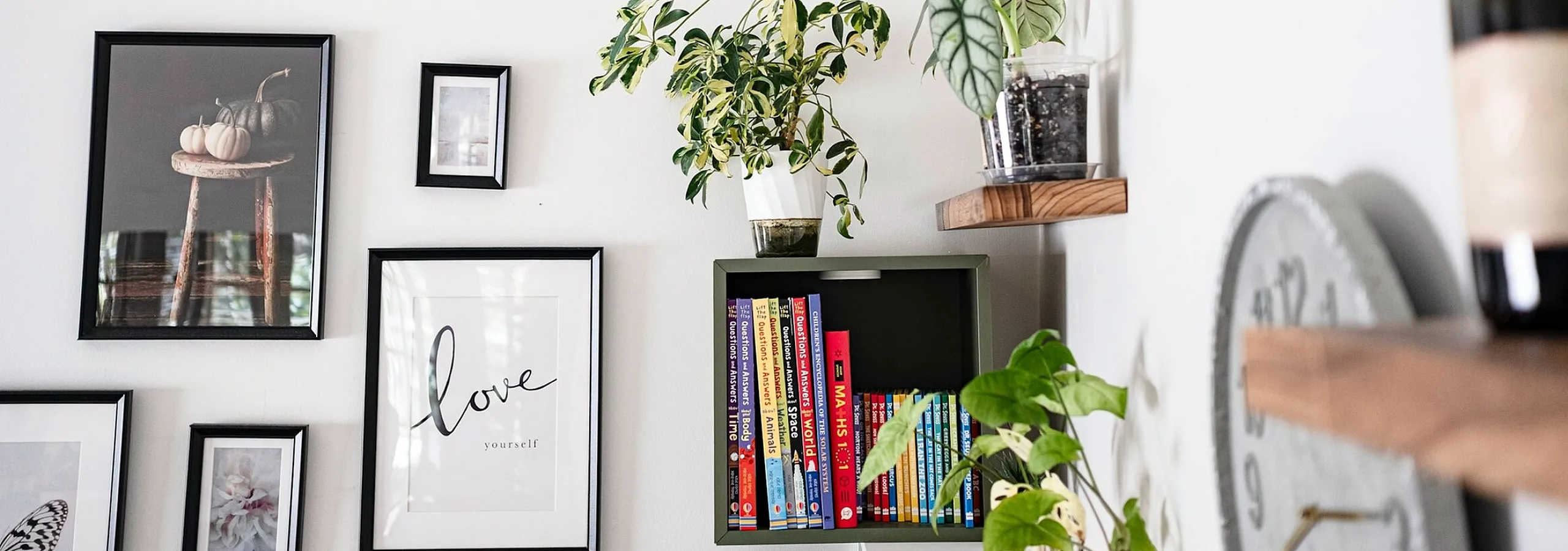 corner with frames book and plants