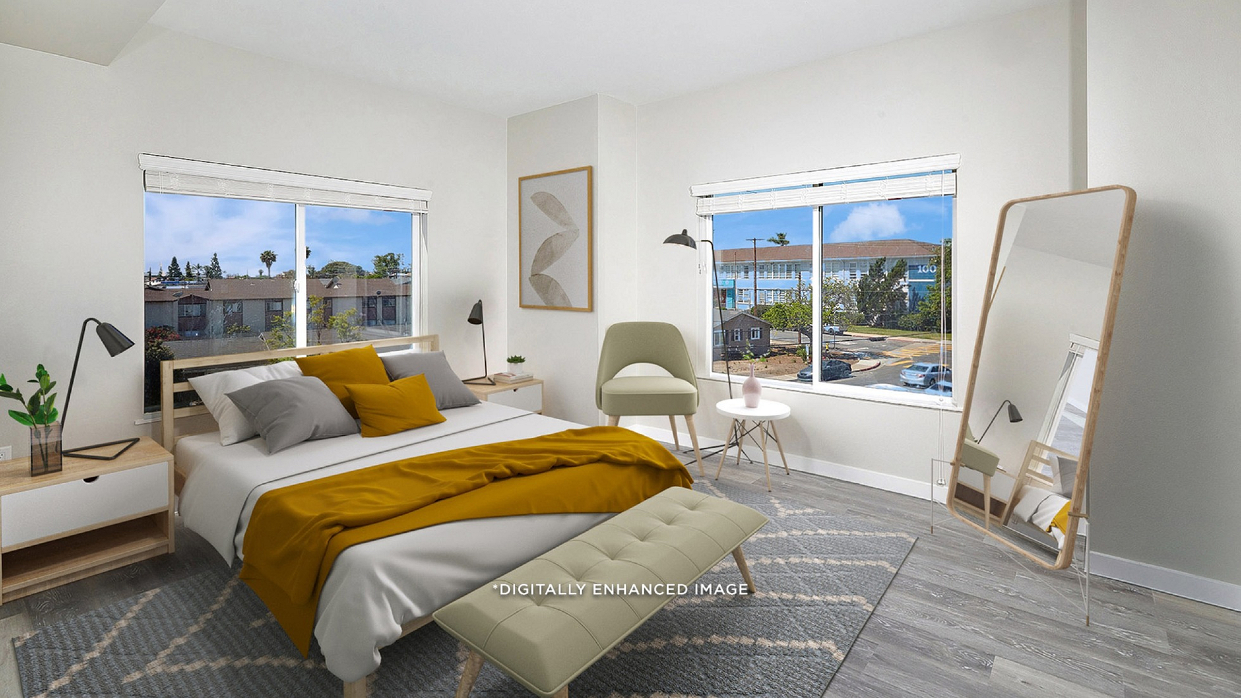 virtually staged bedroom with large windows