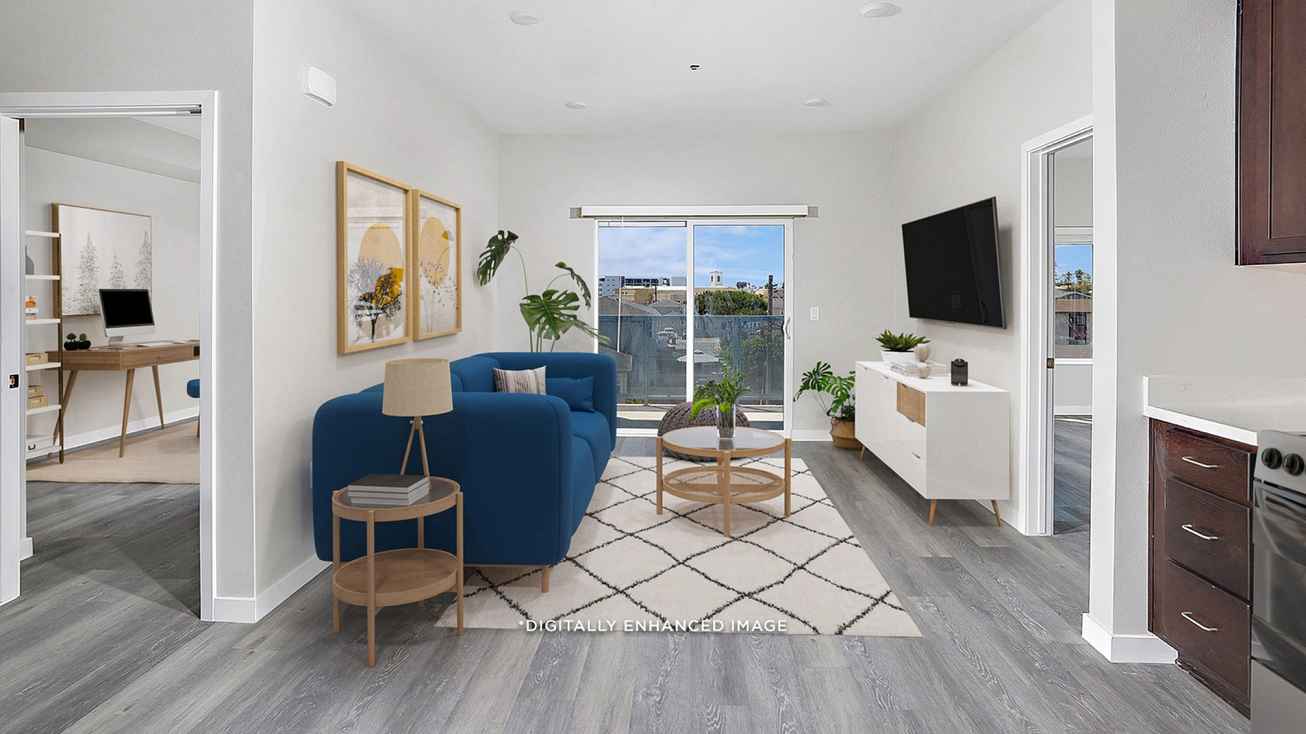 virtually staged living room with round coffee table and balcony