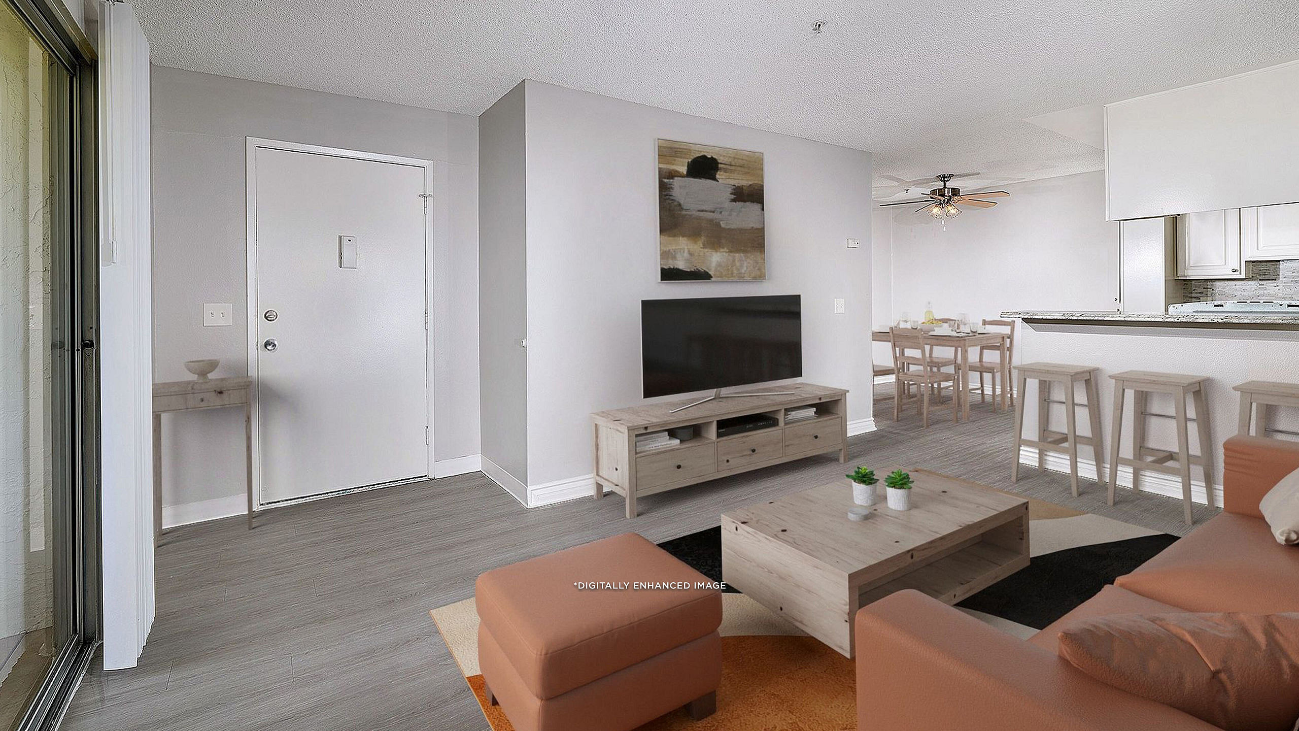 virtually staged apartment living room, kitchen and dining area