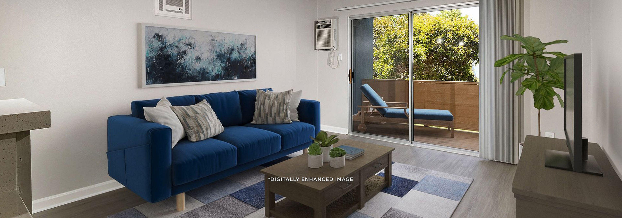 Virtually staged living room with sofa, rug, coffee table, tv, patio, and plants.