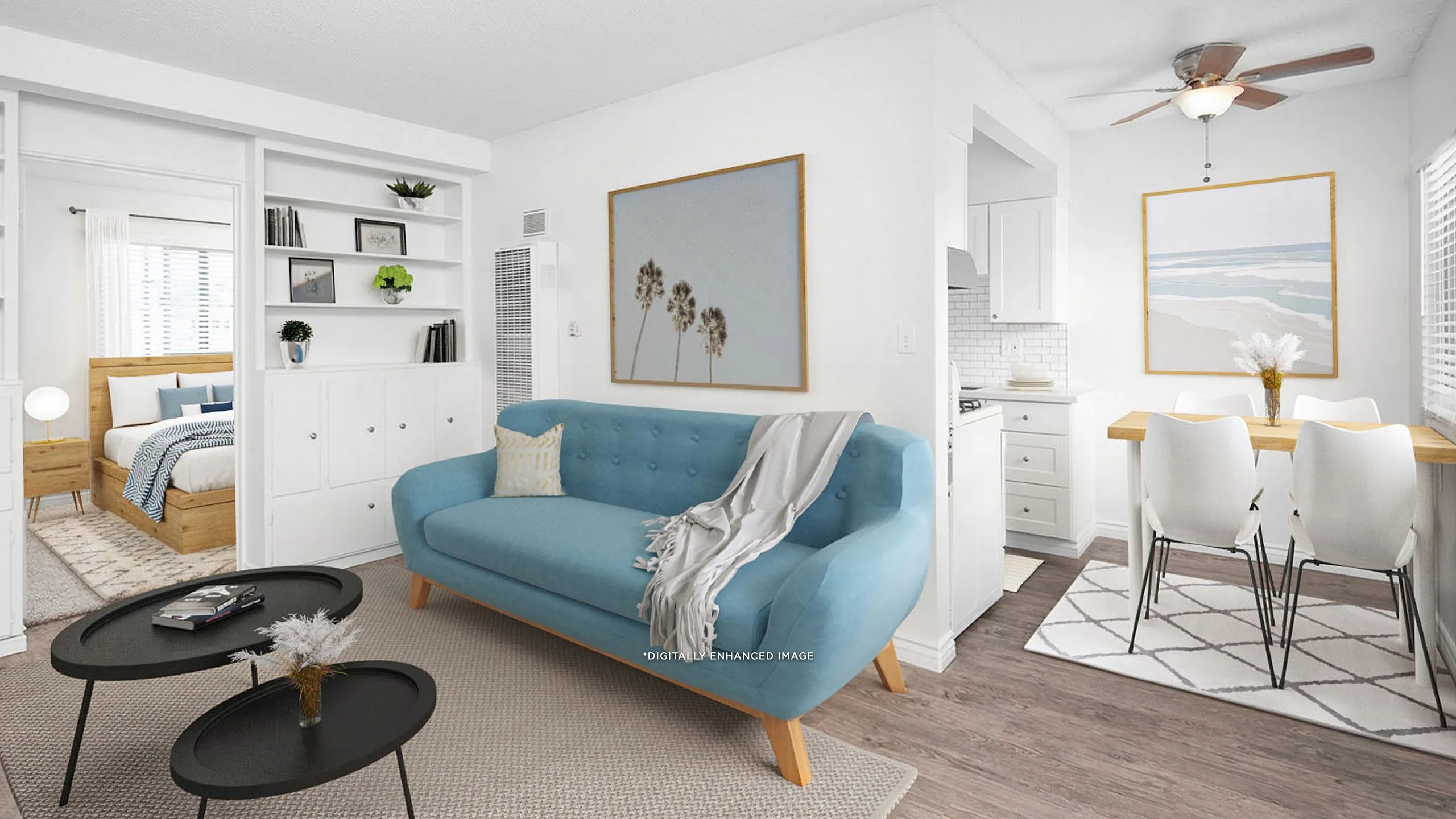Virtually staged living room, dining area and kitchen with wood-style flooring and ceiling fan