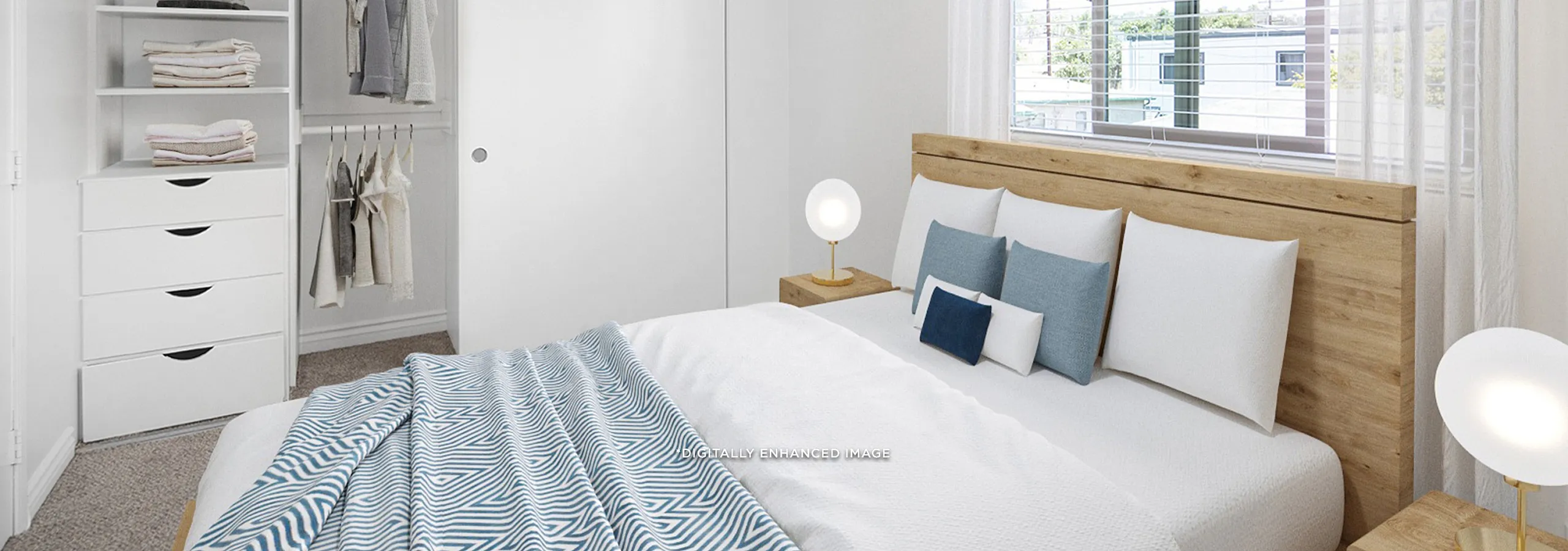 Virtually staged bedroom with built in closet storage