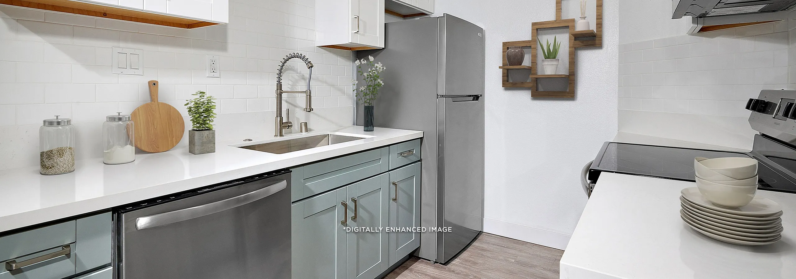 Virtually staged kitchen with subway tile backsplash, farmhouse sink, quartz countertops and dual-tone cabinetry