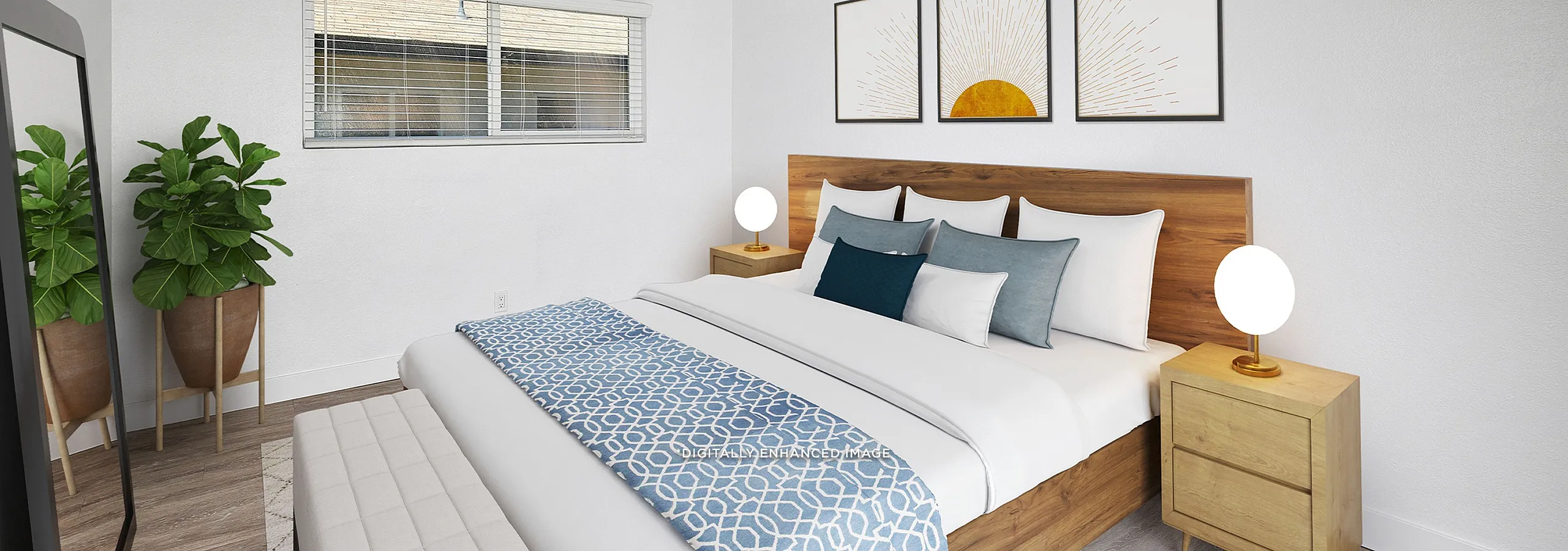 Virtually staged bedroom with large window and wood-inspired flooring