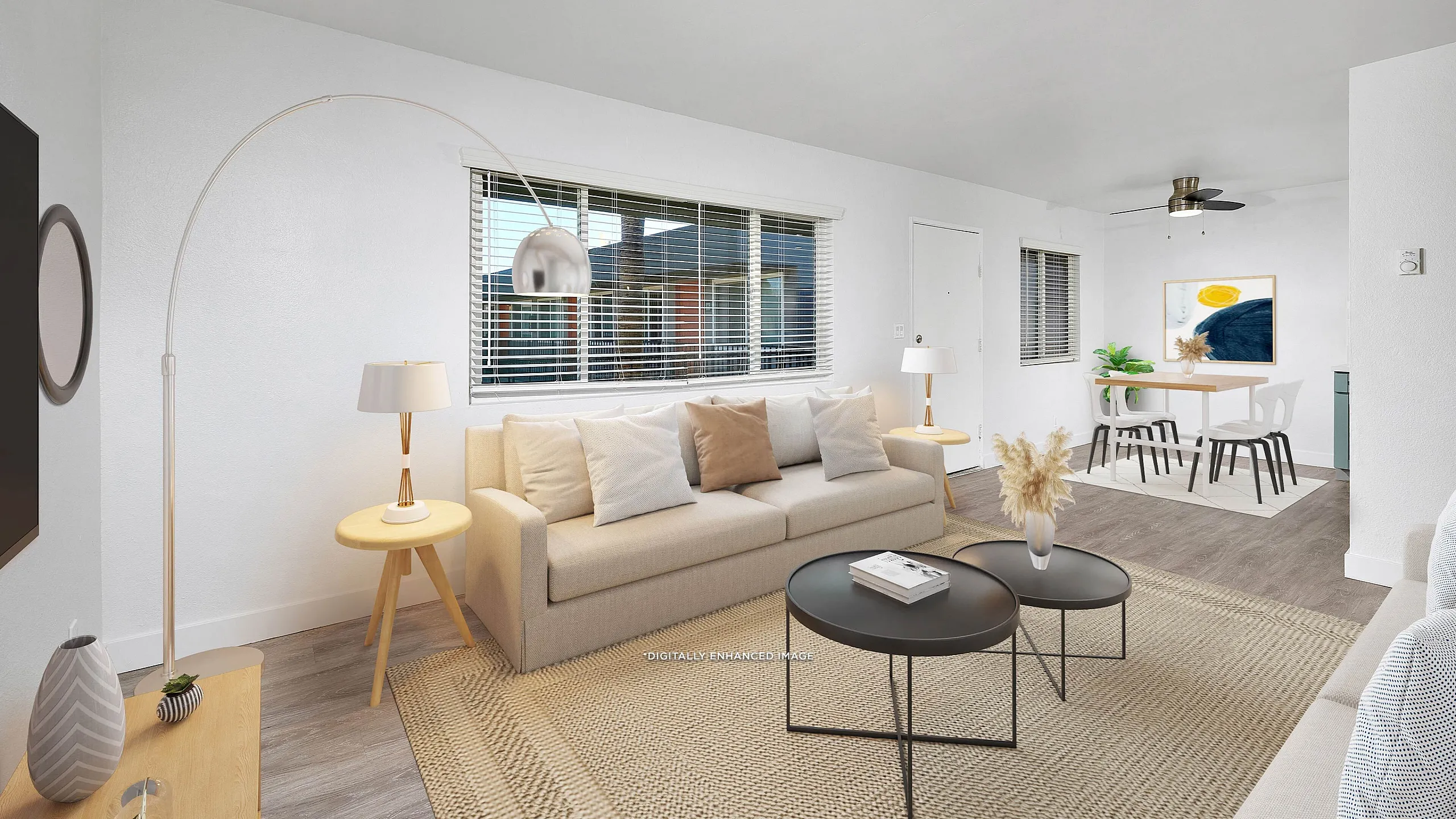 Virtually Staged living room and dining room with large windows and ceiling fan