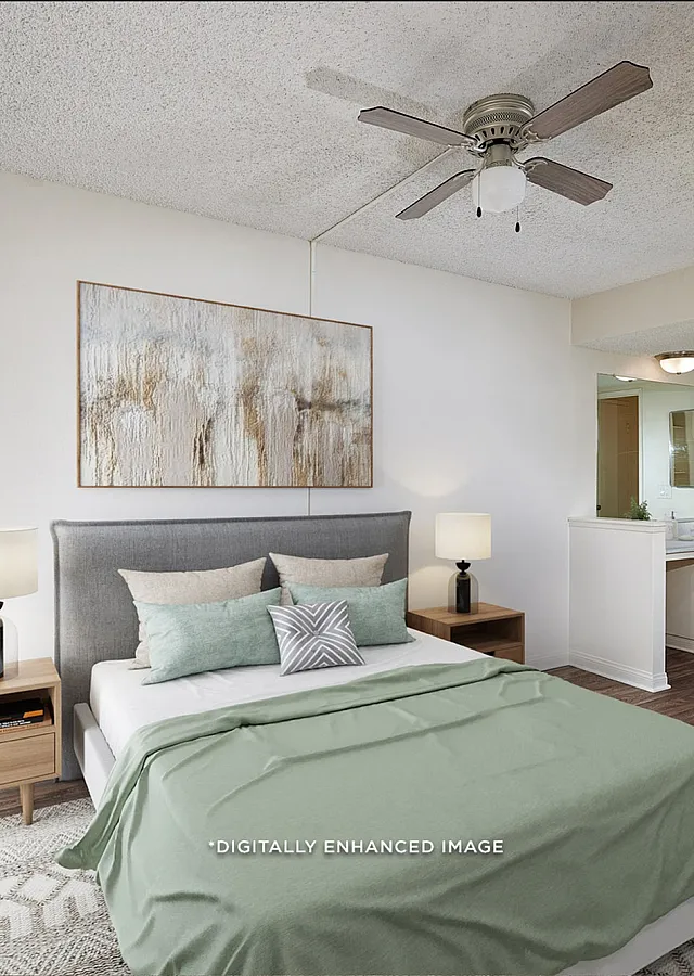 virtually staged - Modern bedroom with vinyl plank flooring
