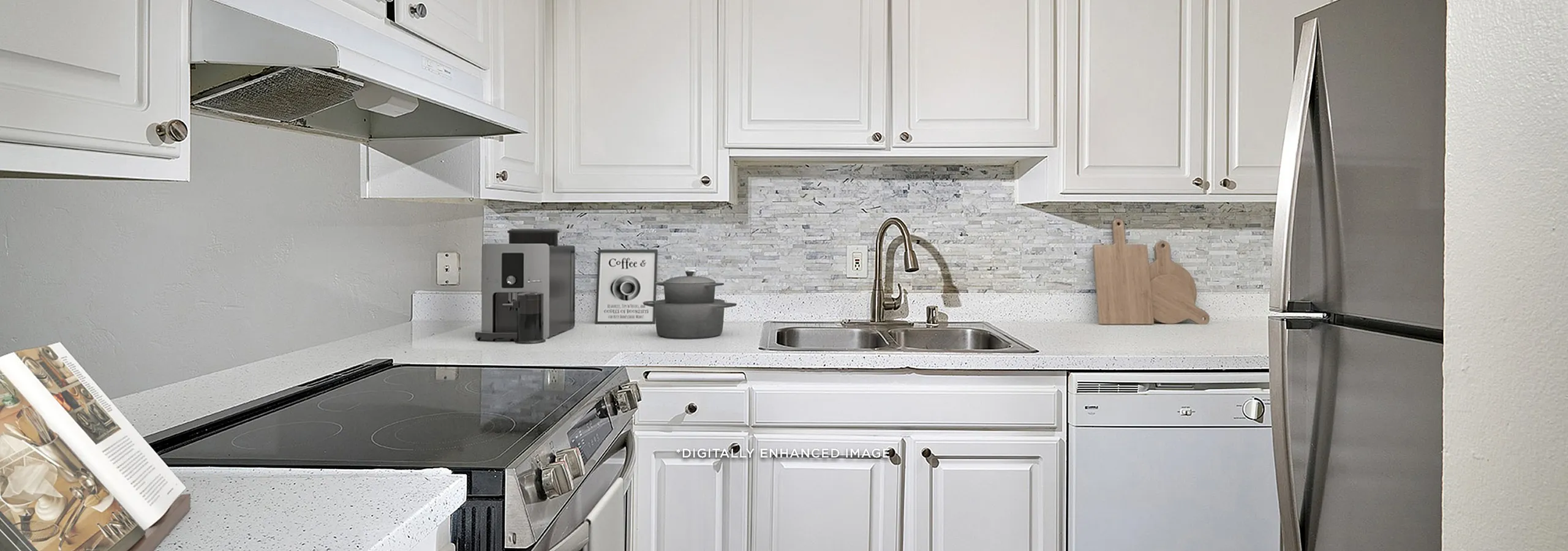 virtually staged Kitchen with Stainless steel appliances and backsplash