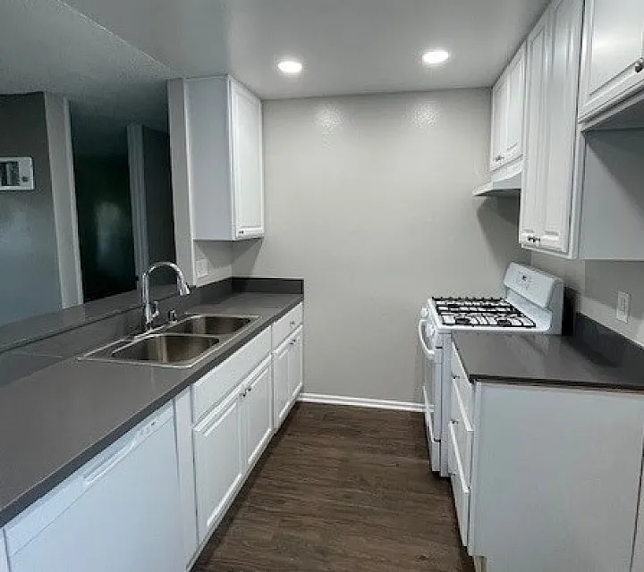 Modern kitchen with white cabinetry, dark quartz countertops, and gas stove at Delaware Pines.