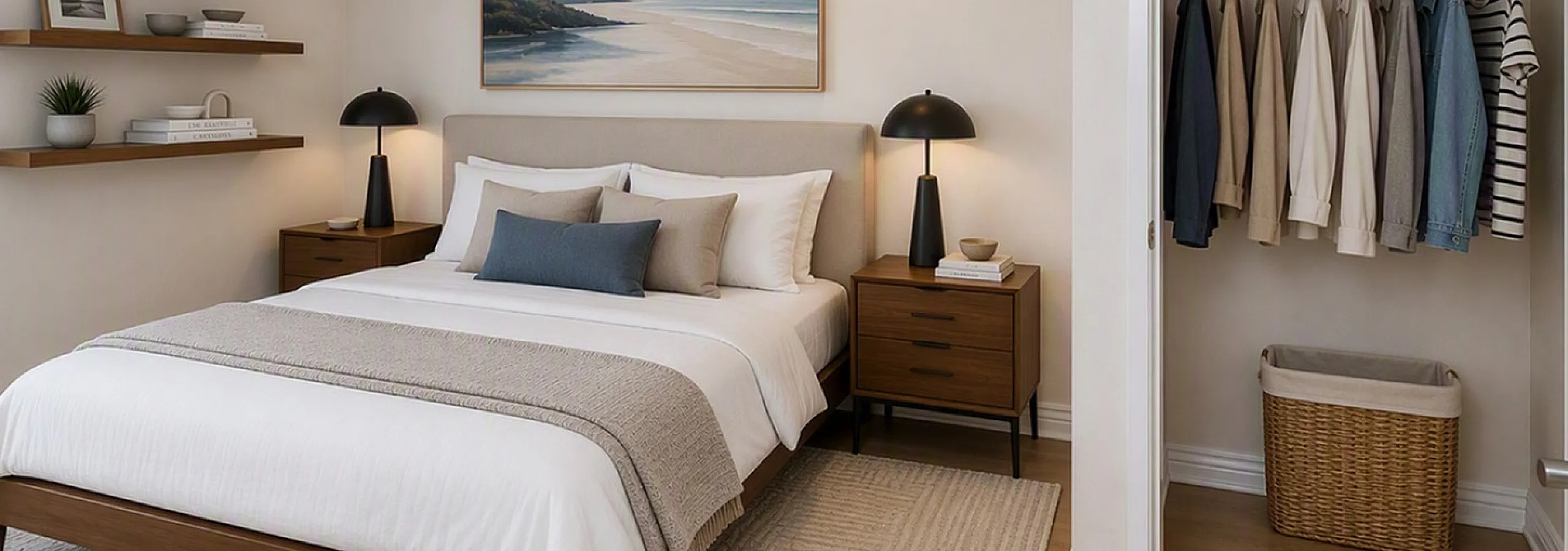 Virtually Staged - Spacious apartment bedroom featuring built-in closet storage at The Warwick Apartment Homes.
