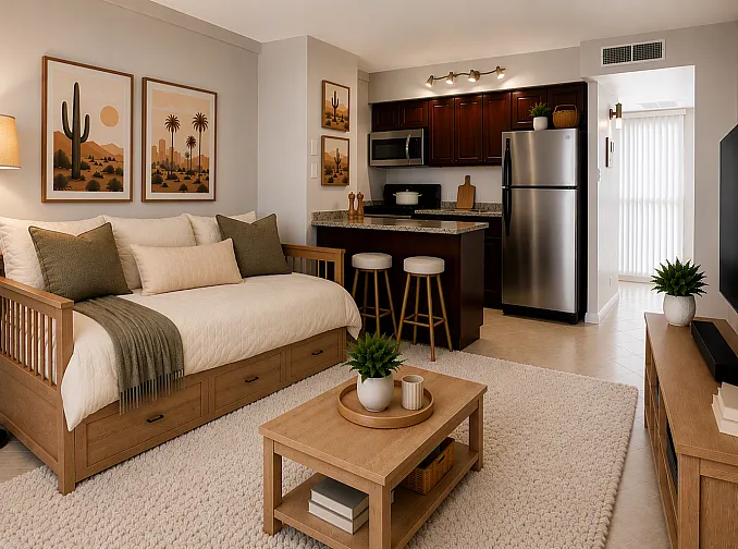 Virtually staged example: apartment interior at Solaris at the Biltmore.